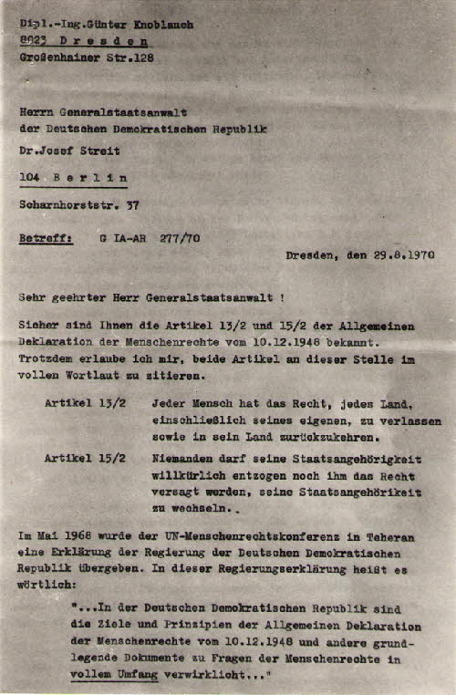 Günter Knoblauch - Schreiben an den Generalstaatsanwalt der DDR Günter Knoblauch - Schreiben an den Generalstaatsanwalt der DDR