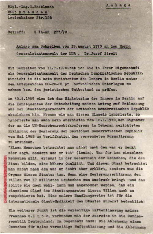 Günter Knoblauch - Schreiben an den Generalstaatsanwalt der DDR Günter Knoblauch - Schreiben an den Generalstaatsanwalt der DDR