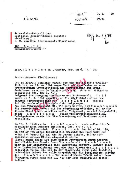 Günter Knoblauch - Schreiben an den Generalstaatsanwalt der DDR Günter Knoblauch - Schreiben an den Generalstaatsanwalt der DDR
