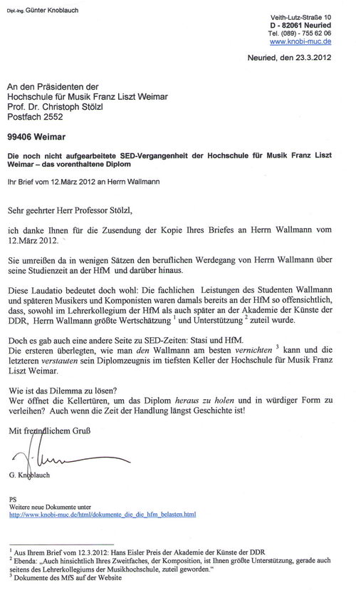 Prof.St�lzl, HfM - Die noch nicht aufgearbeitete Vergangenheit